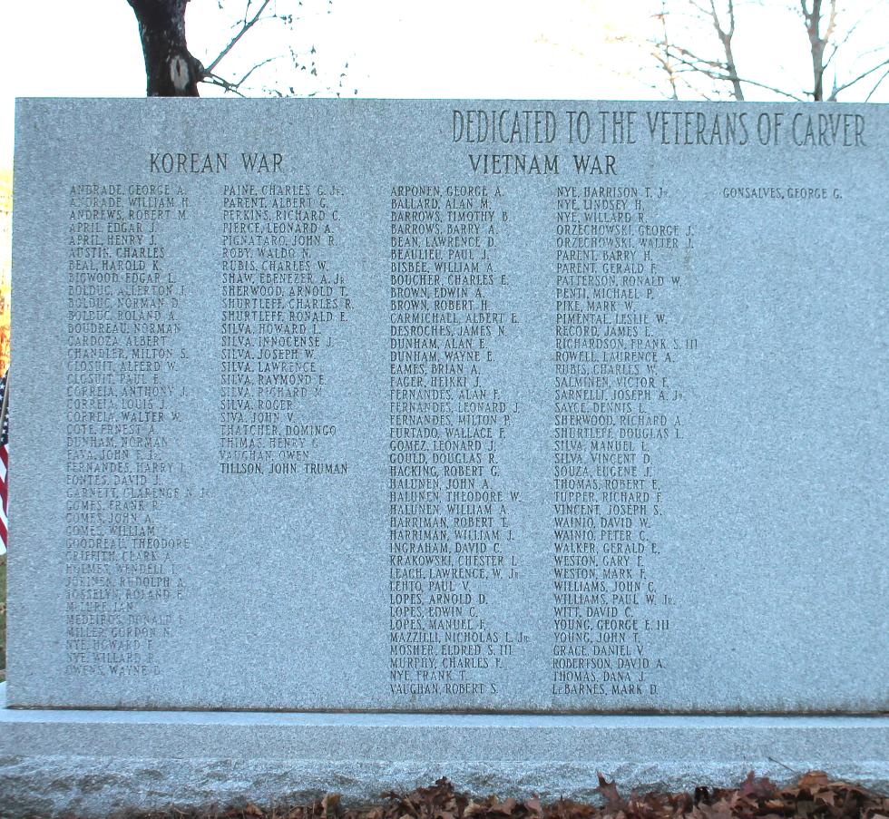 Carver Massachusetts Korean War & Vietnam War Veterans Honor Roll