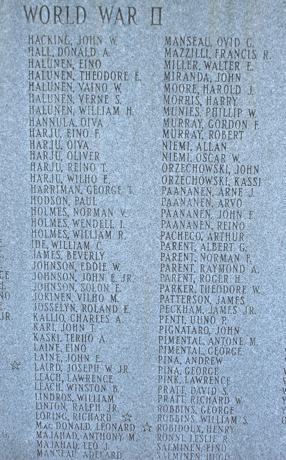 Carver Massachusetts World World War II Veterans Honor Roll