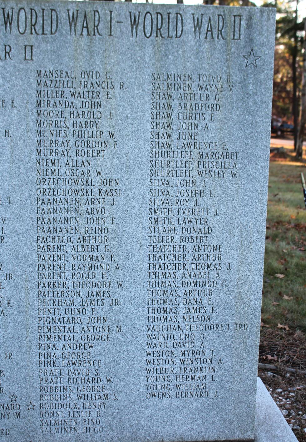 Carver Massachusetts World World War II Veterans Honor Roll