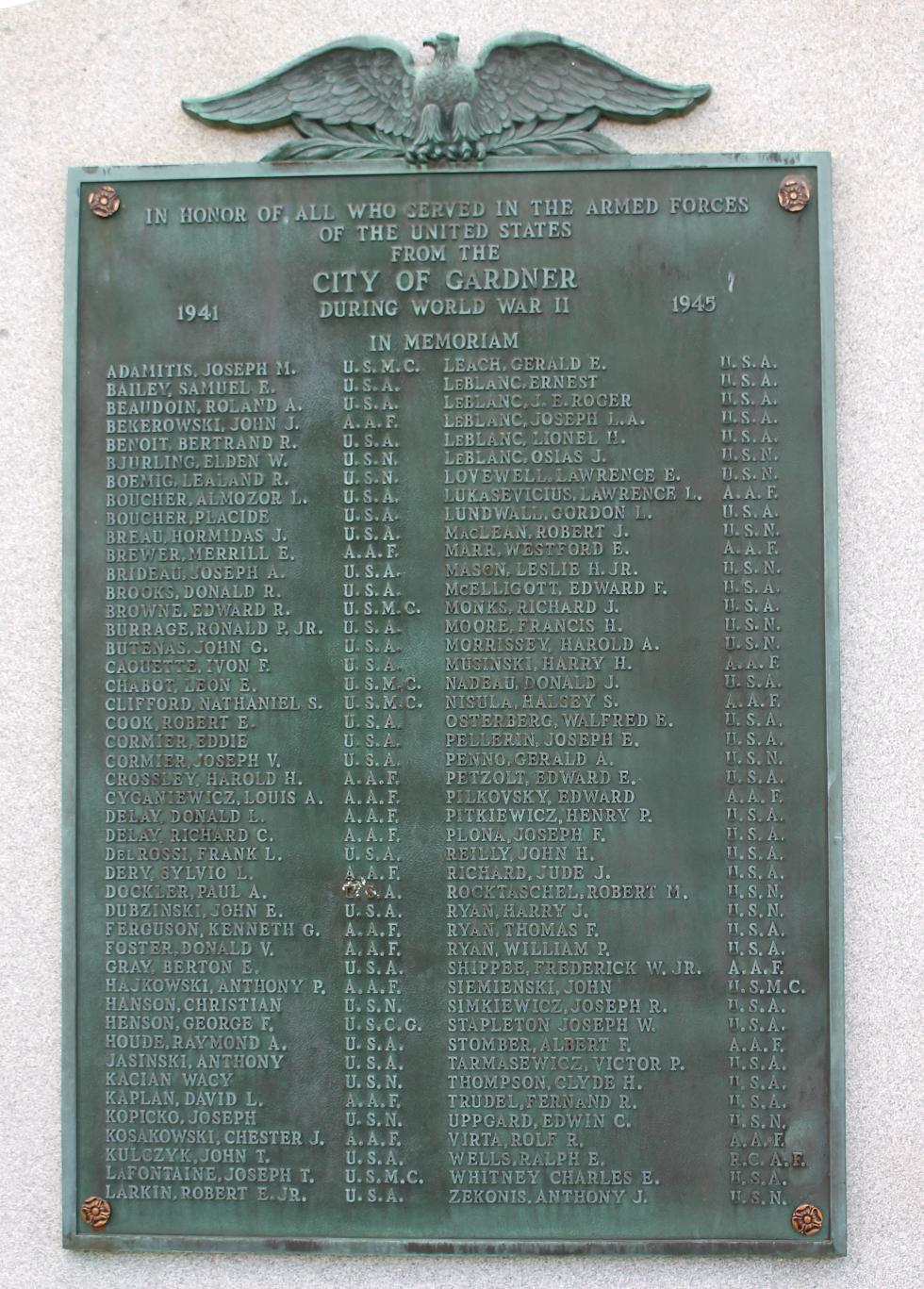 Gardner Massachusetts World War II Veterans Memorial