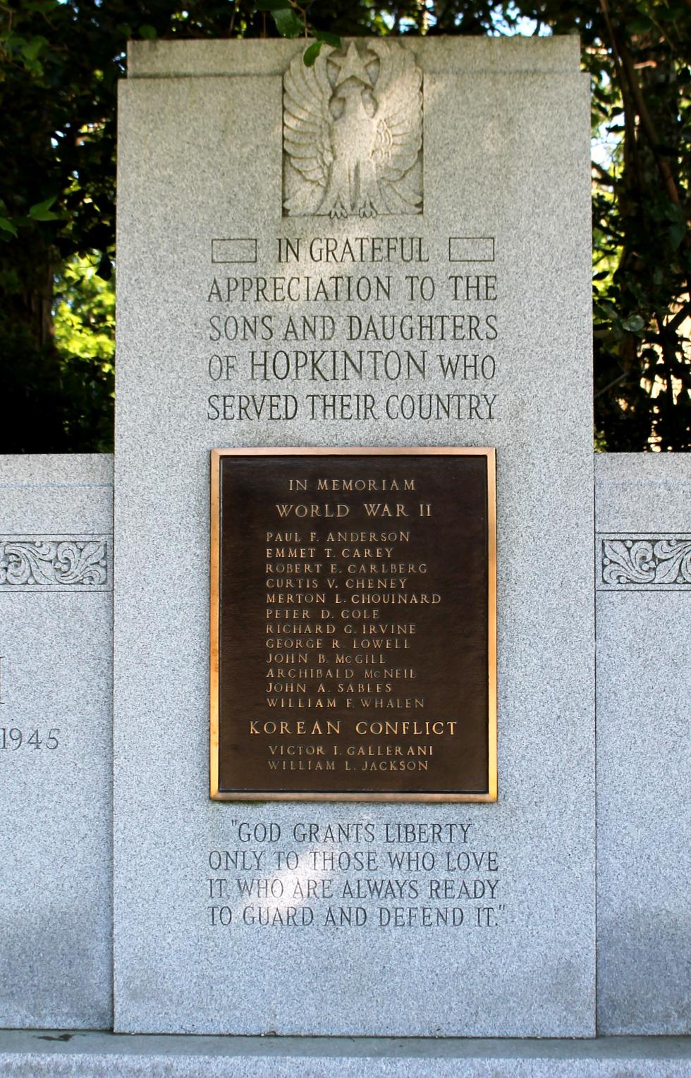 Hopkinton Massachusetts World War II Korean War & Vietnam War Veterans Memorial