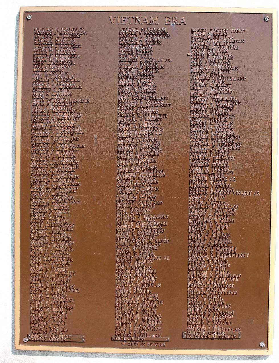 Hull Massachusetts Veterans Memorial - Vietnam War Honor Roll