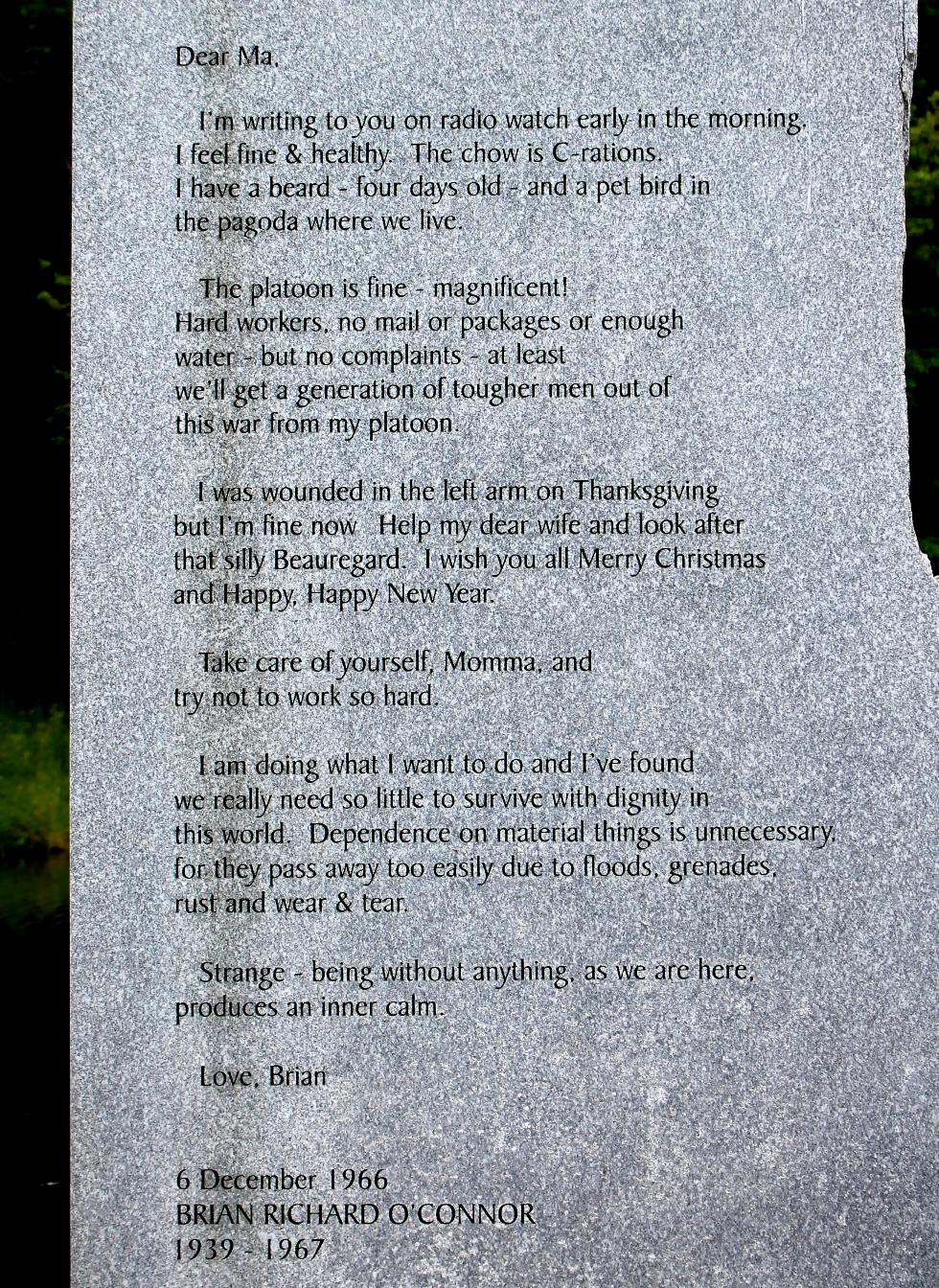 Massachusetts Vietnam Veterans Memorial - Worcester Massachusetts - Letter From Brian Richards O'Connor