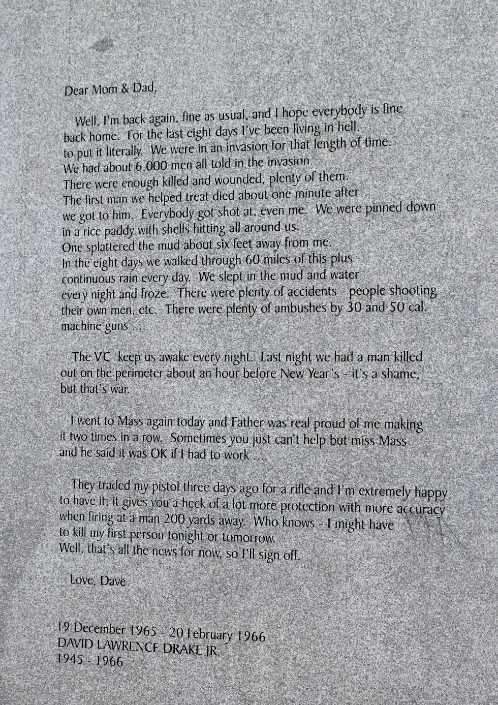Massachusetts Vietnam Veterans Memorial - Worcester Massachusetts - Letter From David Lawrence Drake Jr