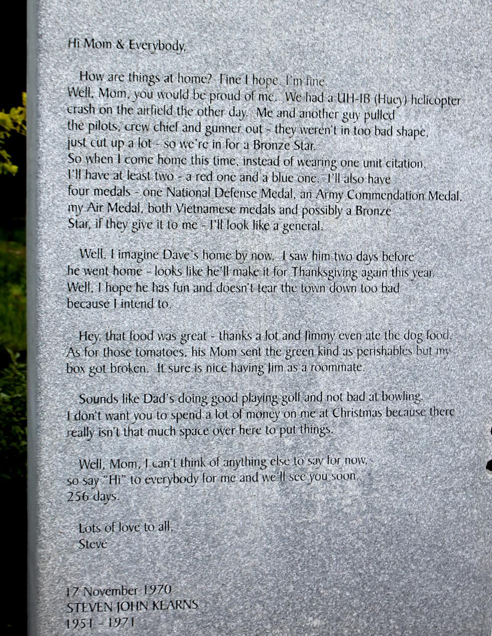 Massachusetts Vietnam Veterans Memorial - Worcester Massachusetts - Letter From Steven John Kearns