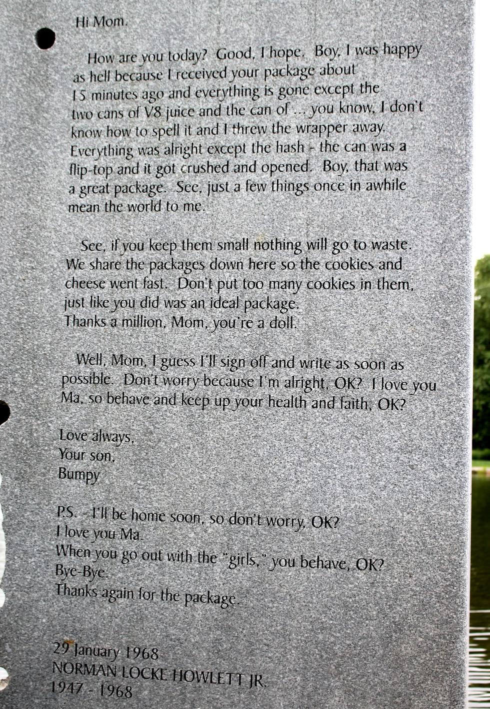 Massachusetts Vietnam Veterans Memorial - Worcester Massachusetts - Letter From Norman Locke Howlett Jr