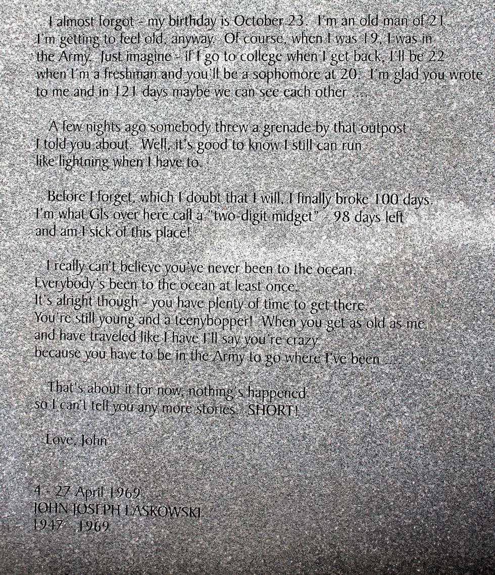 Massachusetts Vietnam Veterans Memorial - Worcester Massachusetts - Letter From John Joseph Laskowski
