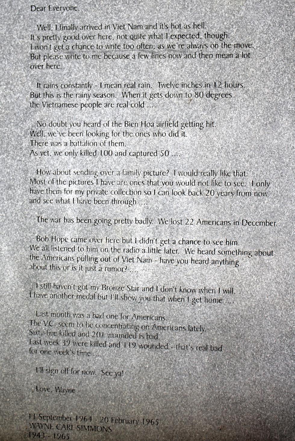 Massachusetts Vietnam War Veterans Memorial - Wayne Carl Simmons Letter