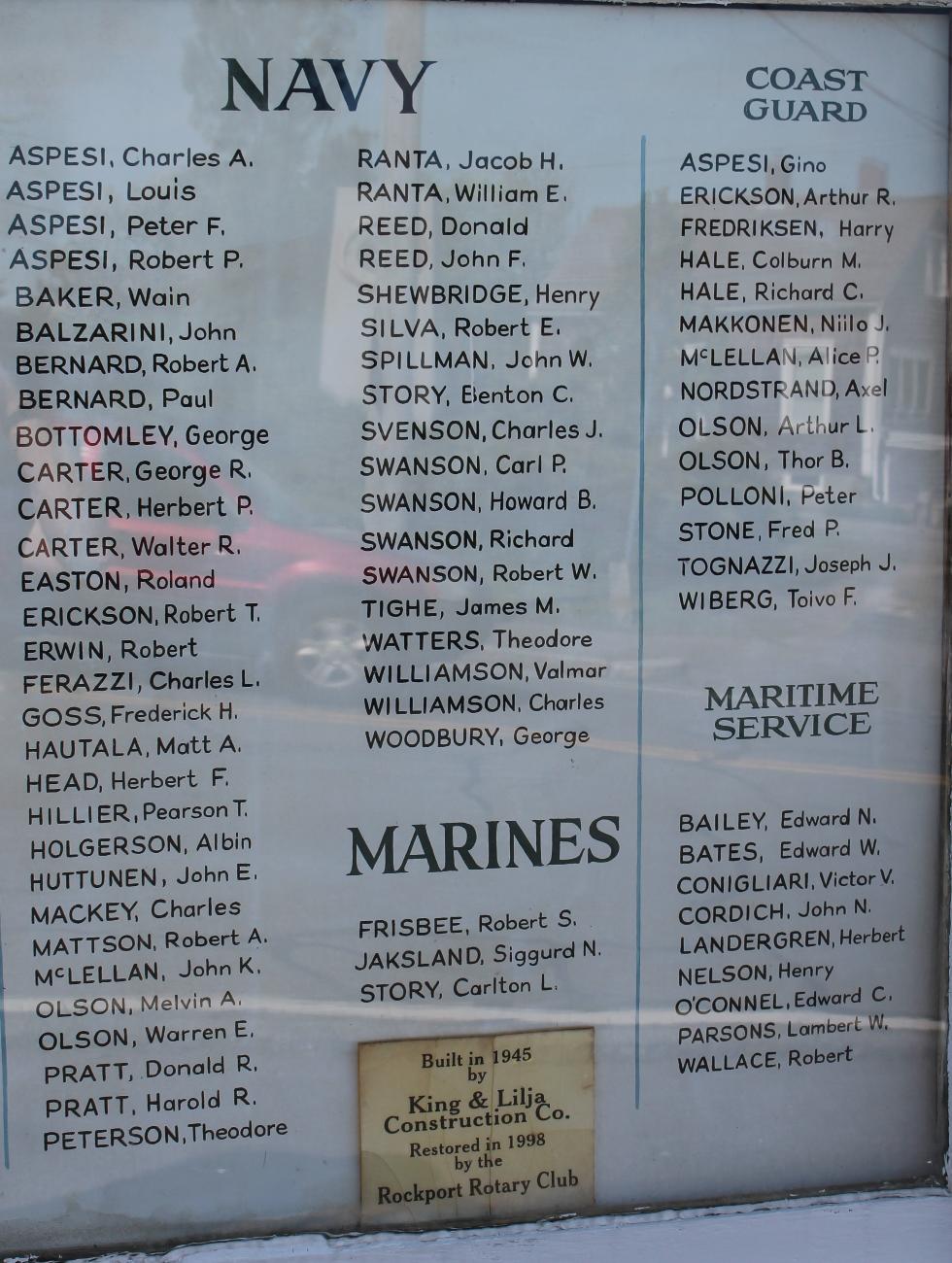 Pigeon Cove Massachusetts Veterans Honor Roll