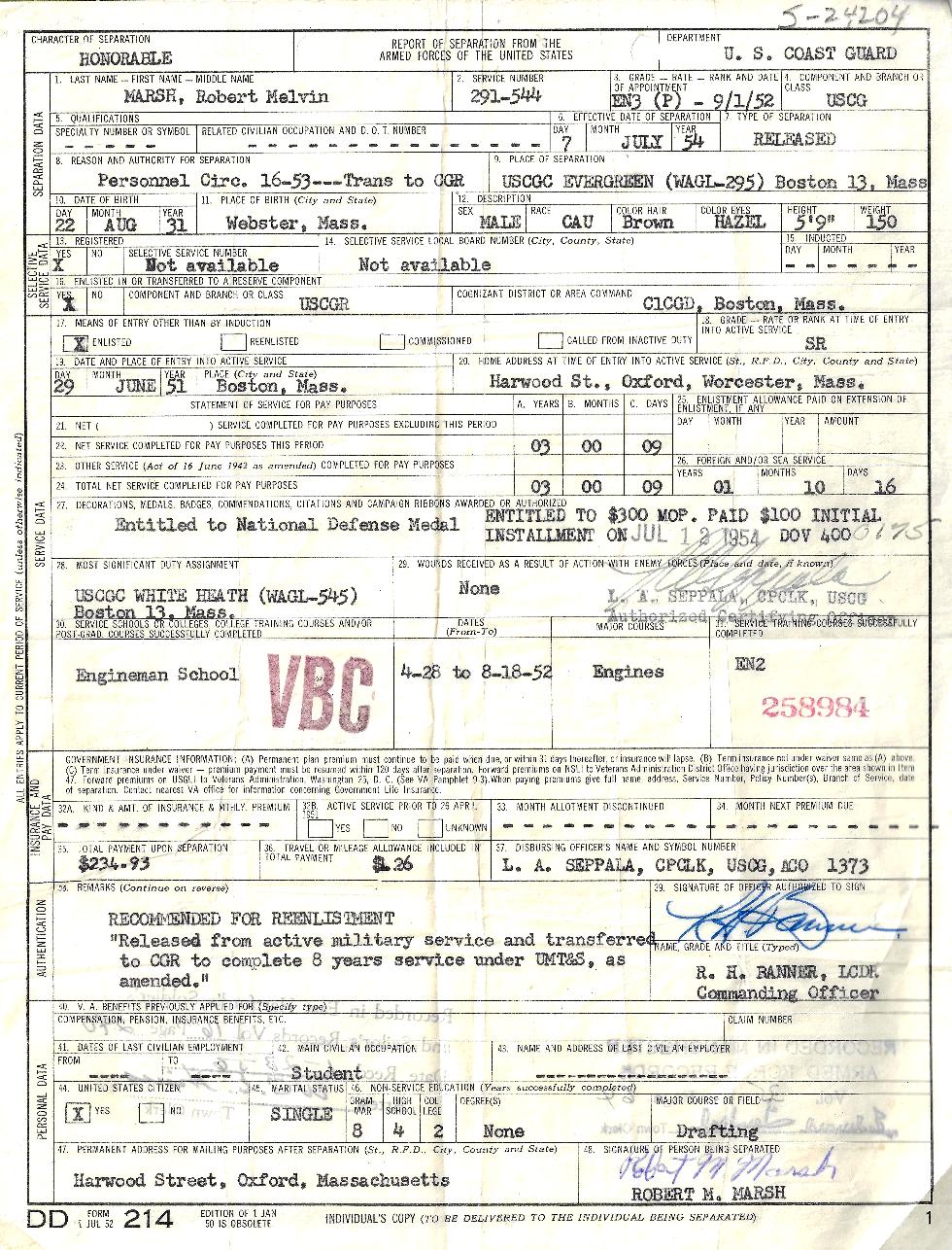 Robert Marsh US Coast Guard Discharge Papers