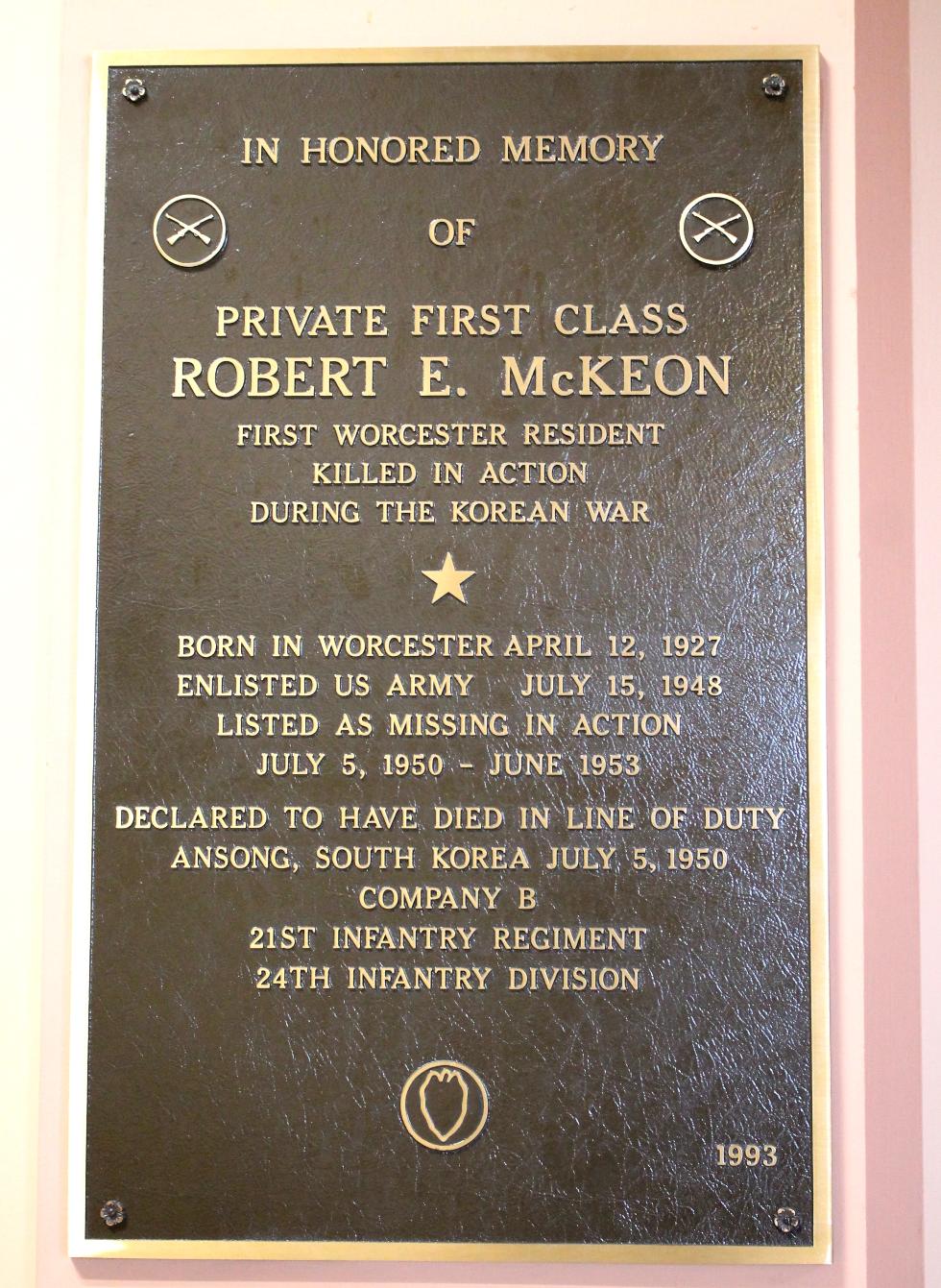 Worcester Massachusetts City Hall Robert E McKeon Korean War Memorial